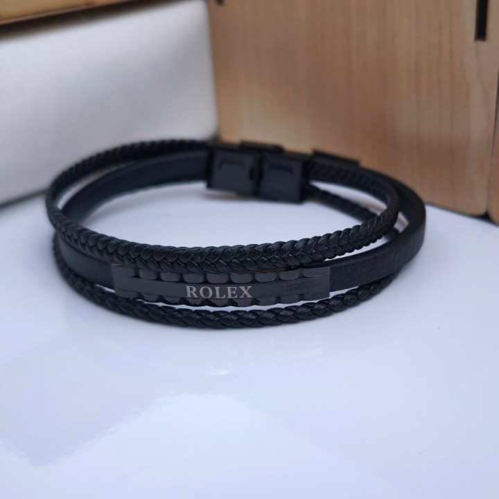 خرید دستبند چرمی مردانه رولکس سه دور مشکی شیک خاص مناسب هدیه تولد